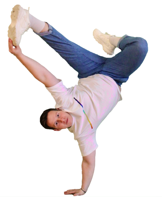 Une personne réalise une figure de breakdance, soutenant son corps sur une main tout en levant l'autre jambe dans une position dynamique.